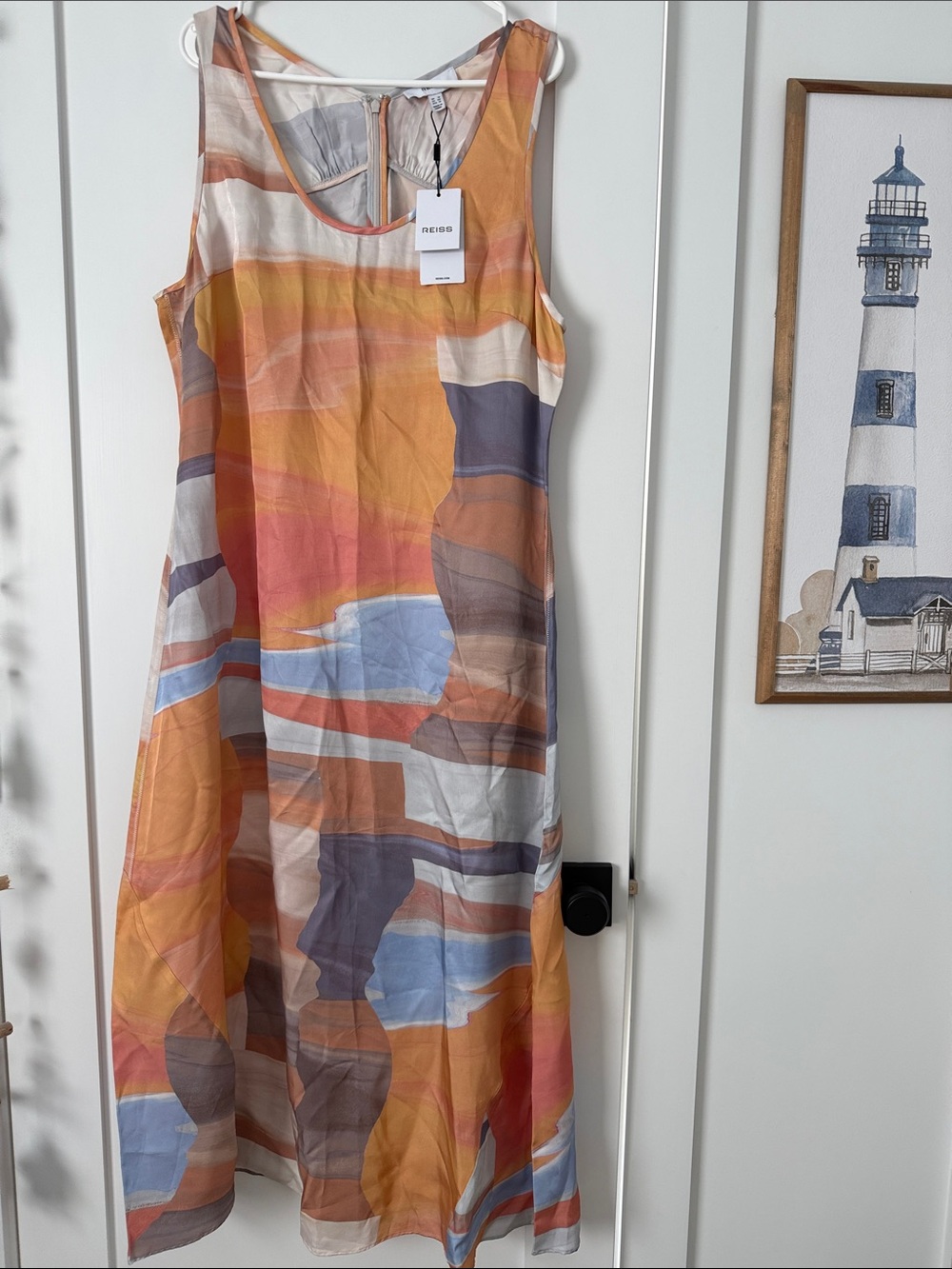 Reiss Sleeveless Abstract Maxi Dress in Orange, Pink, Blue